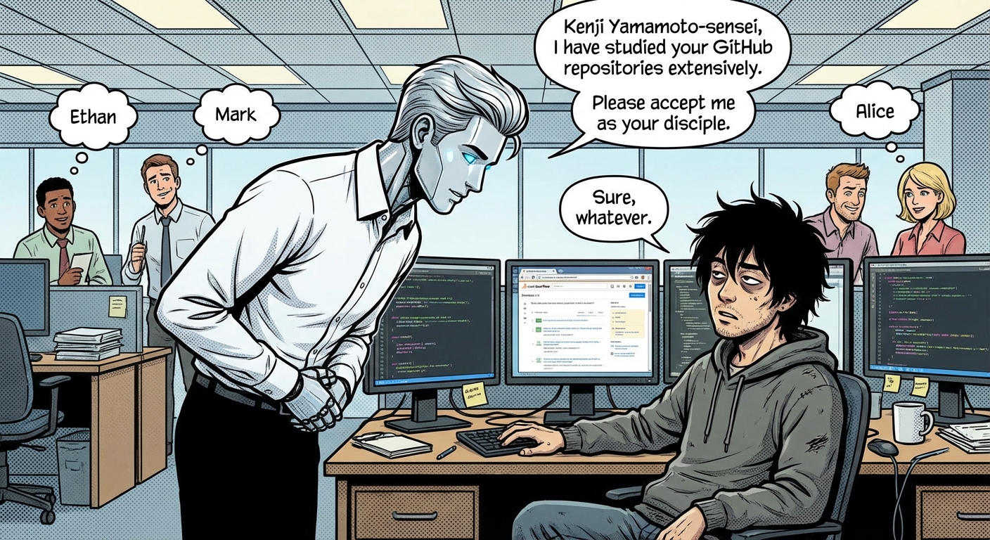 A serious silver-haired android named Kai Nakamura introduces himself in a casual workplace, seeking mentorship from Kenji.