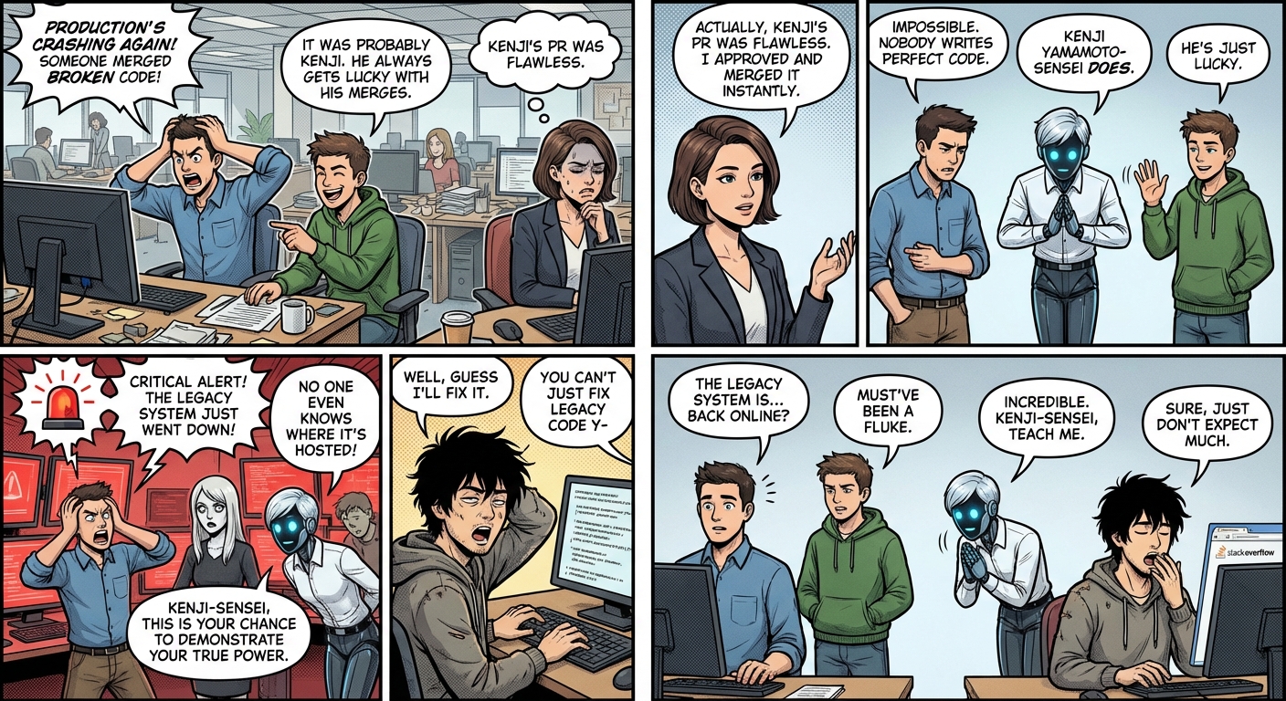Chaos in a dev room as Kenji Yamamoto-sensei instantly fixes a critical legacy code outage.